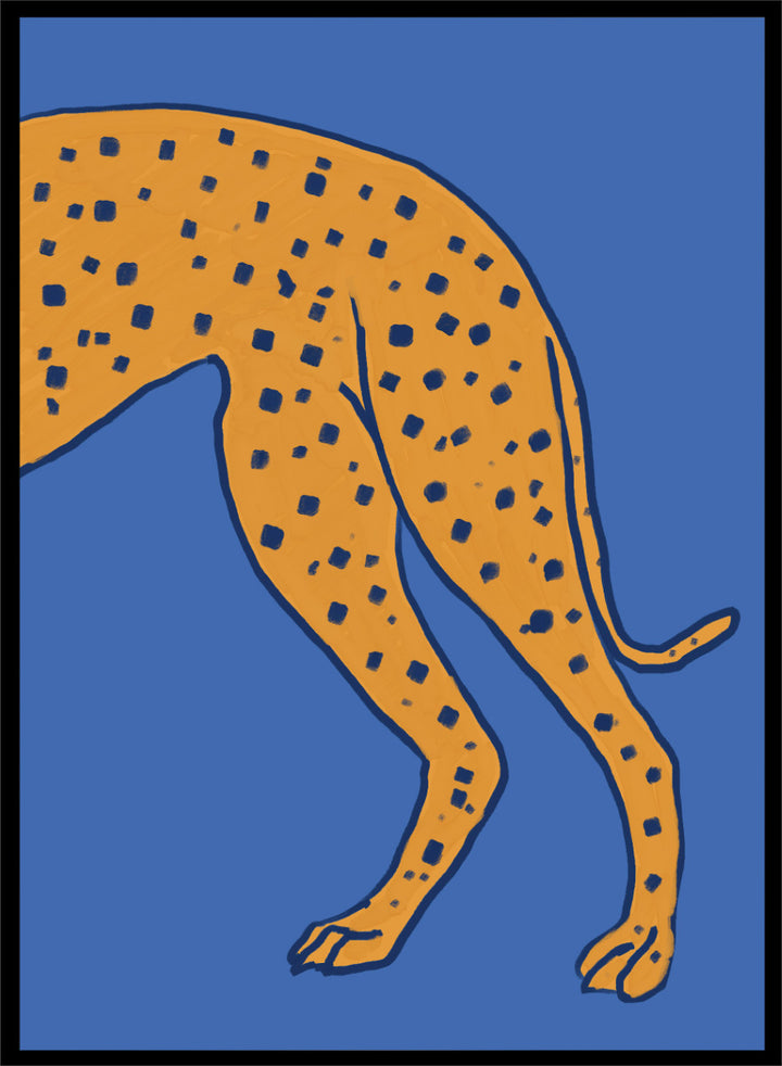 A stylized illustration of a spotted big cat, cropped to show the torso and hind legs, in orange with dark blue spots on a solid blue background. Spotted Cheetah on Blue by The Art Concept animal art print featuring a cropped golden cheetah with deep blue spots against a bold blue background.