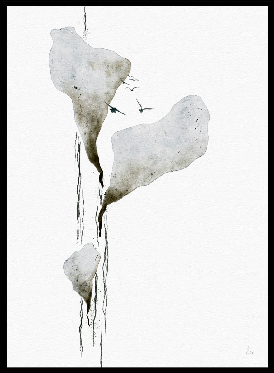 Abstract watercolor art print featuring three irregular, dripping white and gray forms on a white background, with small dark birds near the top. Shop Melting Ice And Birds by Ankie Kooi, a nature wall art print poster with abstract watercolor ice, flying birds, minimalist landscape art, blue, gray, and cream.