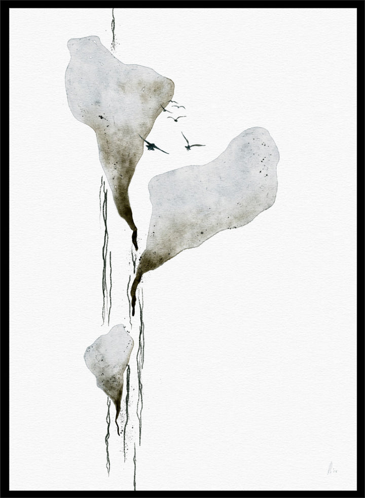 Abstract watercolor art print featuring three irregular, dripping white and gray forms on a white background, with small dark birds near the top. Shop Melting Ice And Birds by Ankie Kooi, a nature wall art print poster with abstract watercolor ice, flying birds, minimalist landscape art, blue, gray, and cream.