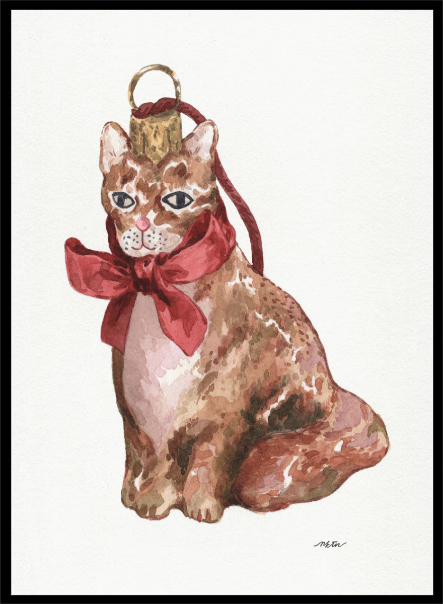 Shop Charming Cat Ornament by NKTN, a festive cat wall art print poster featuring a brown tabby with an oversized red bow and watercolor holiday style.