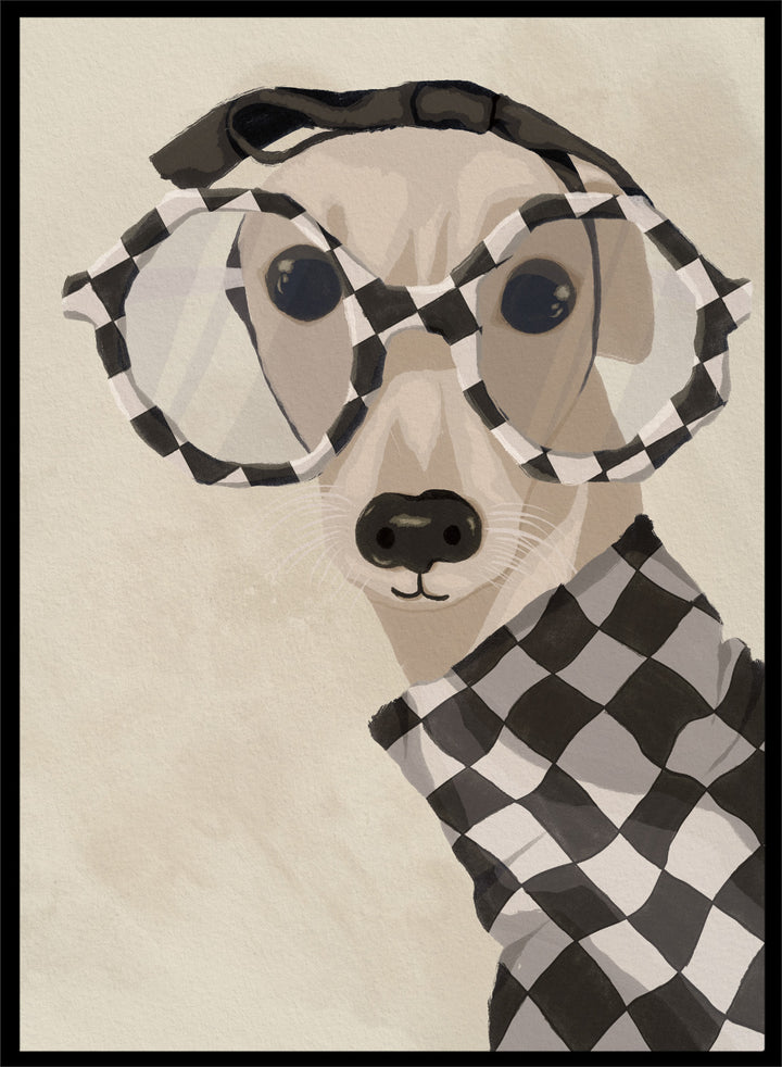 Chic Greyhound in Glasses by Lisa Solomoniuk premium framed fine art print featuring a greyhound in oversized checkered glasses and a matching sweater.
