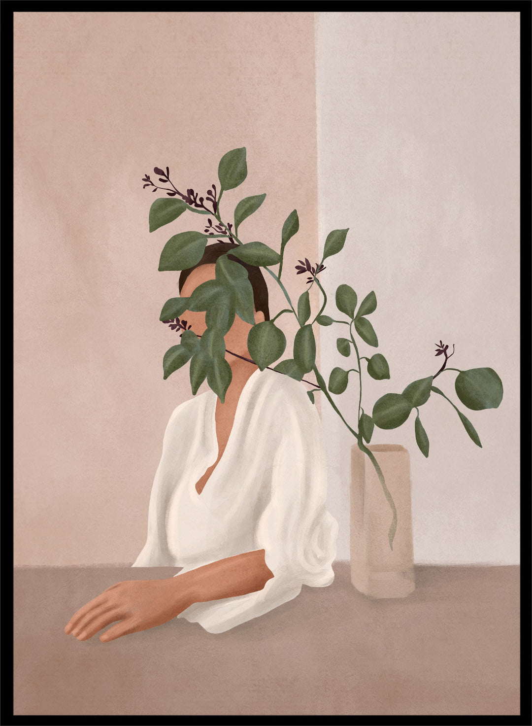 Artistic depiction of a woman with green leaves covering her face, sitting next to a vase on a table. Serene Botanical Woman by City Art features a woman surrounded by greenery, bringing soft botanical style and modern neutral wall art to your home.