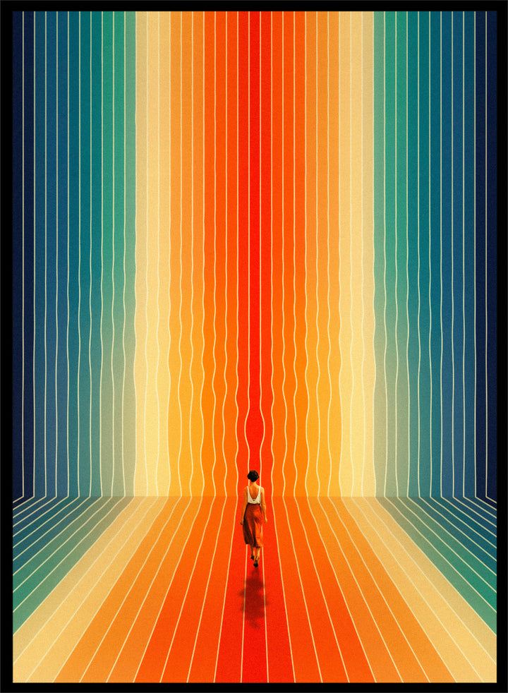 Artistic depiction of a person standing in a colorful, vertically striped space. Here I Come by Taudalpoi surreal retro sci-fi corridor art print with colorful perspective lines and lone figure, cosmic vintage style poster wall art.