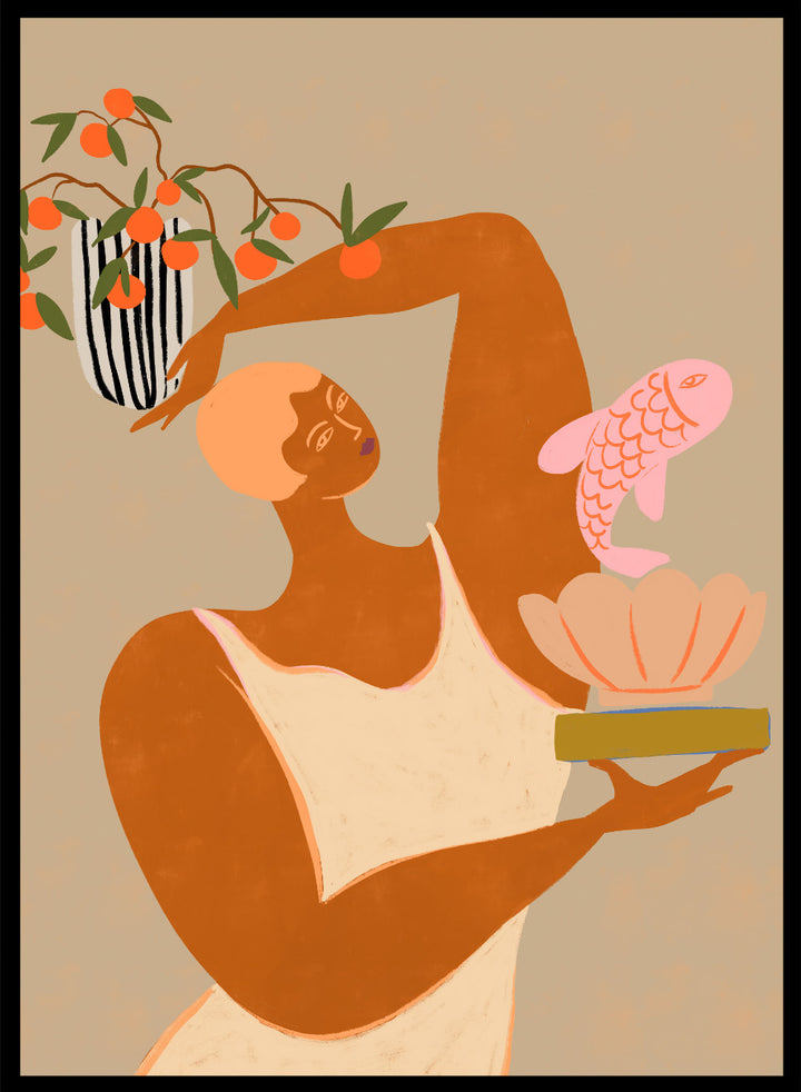 Illustration of a person holding a shell with a fish and a vase with flowers on a beige background. Fish and Oranges by Arty Guava is a modern surreal art print of a woman holding a fish with orange still life details. Officially licensed wall poster.