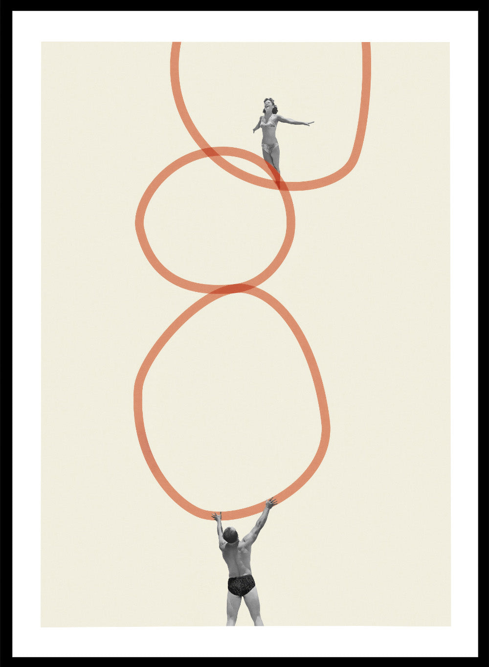 You Make Me Feel Everything by Maarten Léon is a surreal collage art print featuring two figures connected by looping abstract lines. Premium fine art print with real wood framing.