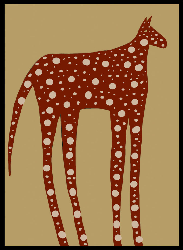 A stylized art print of a giraffe in reddish-brown with white spots, set against a tan background. Spotted Earthy Creature by The Art Concept animal art print featuring a long-legged rust-colored figure with cream spots on a muted tan background.