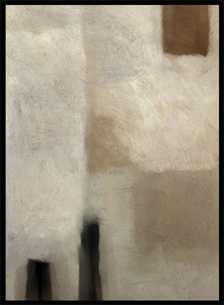 An abstract painting featuring textured blocks of warm beige, cream, and brown, with dark charcoal-like vertical shapes near the bottom and a small brown block in the upper right corner. Shop Brumea by Dan Hobday, a neutral abstract art print featuring soft layered forms, brushed texture, muted earthy tones, and a modern minimalist feel.