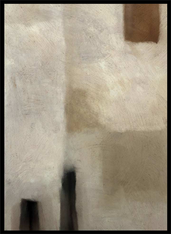 An abstract painting featuring textured blocks of warm beige, cream, and brown, with dark charcoal-like vertical shapes near the bottom and a small brown block in the upper right corner. Shop Brumea by Dan Hobday, a neutral abstract art print featuring soft layered forms, brushed texture, muted earthy tones, and a modern minimalist feel.