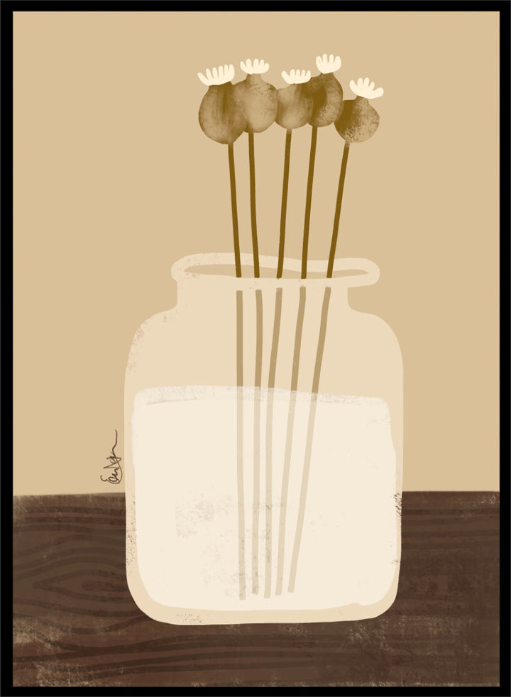 A minimalist art print depicting a clear glass jar filled with white flowers on a dark brown wooden surface against a warm beige background. Shop Rustic Poppy Still Life by Elsa Nätterdal, a botanical still life art print featuring dried poppy pods, a cream vase, and warm earthy tones.