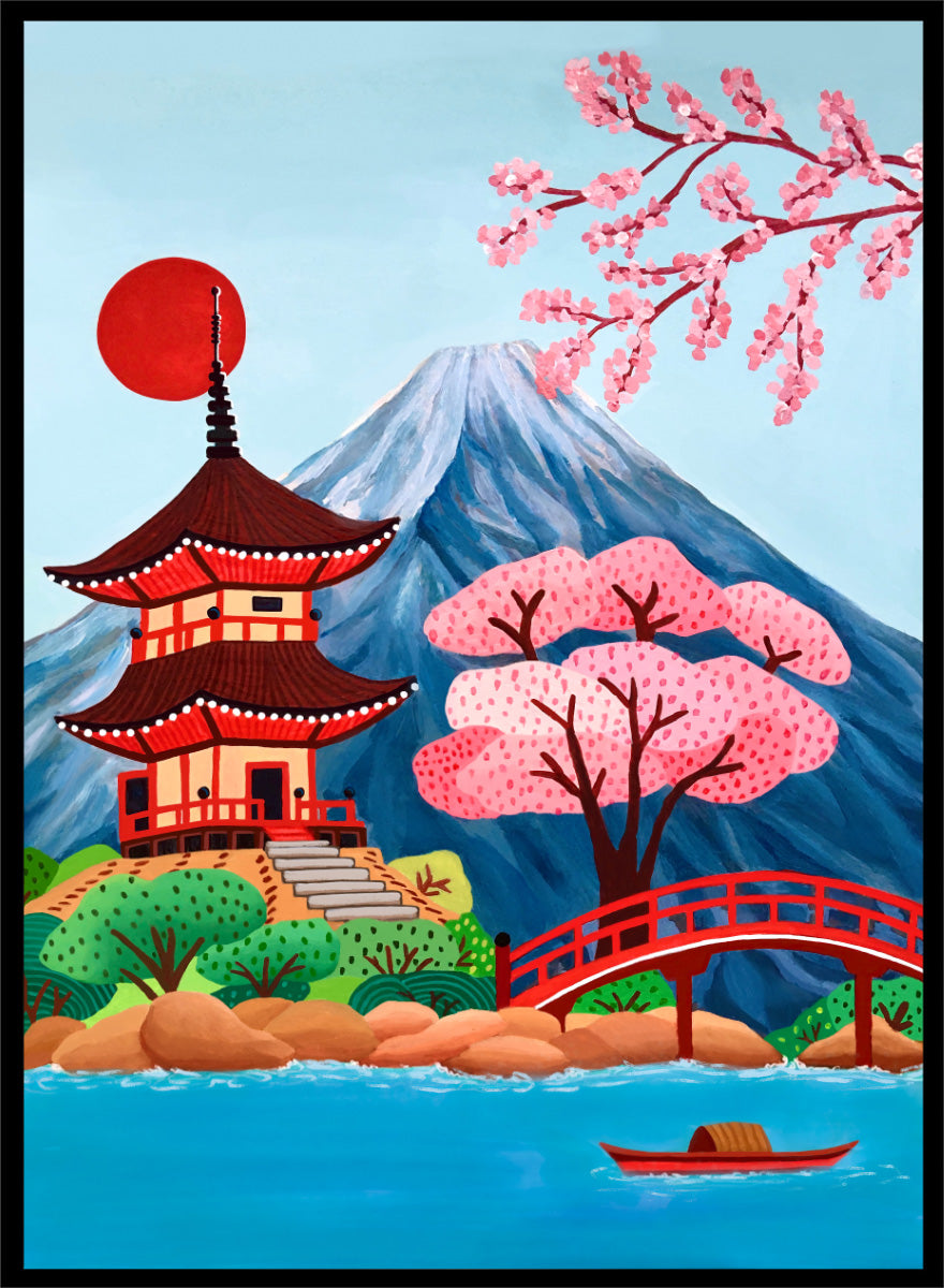 A colorful Japanese-style landscape artwork showing a red pagoda beside a red bridge over blue water, with pink cherry blossoms, a mountain, and a red sun in the sky. Shop Japanese Pagoda Spring Landscape by Nidhi Kachhadiya, a colorful Japan travel wall art print featuring Mount Fuji, cherry blossoms, a red pagoda, and spring scenery.
