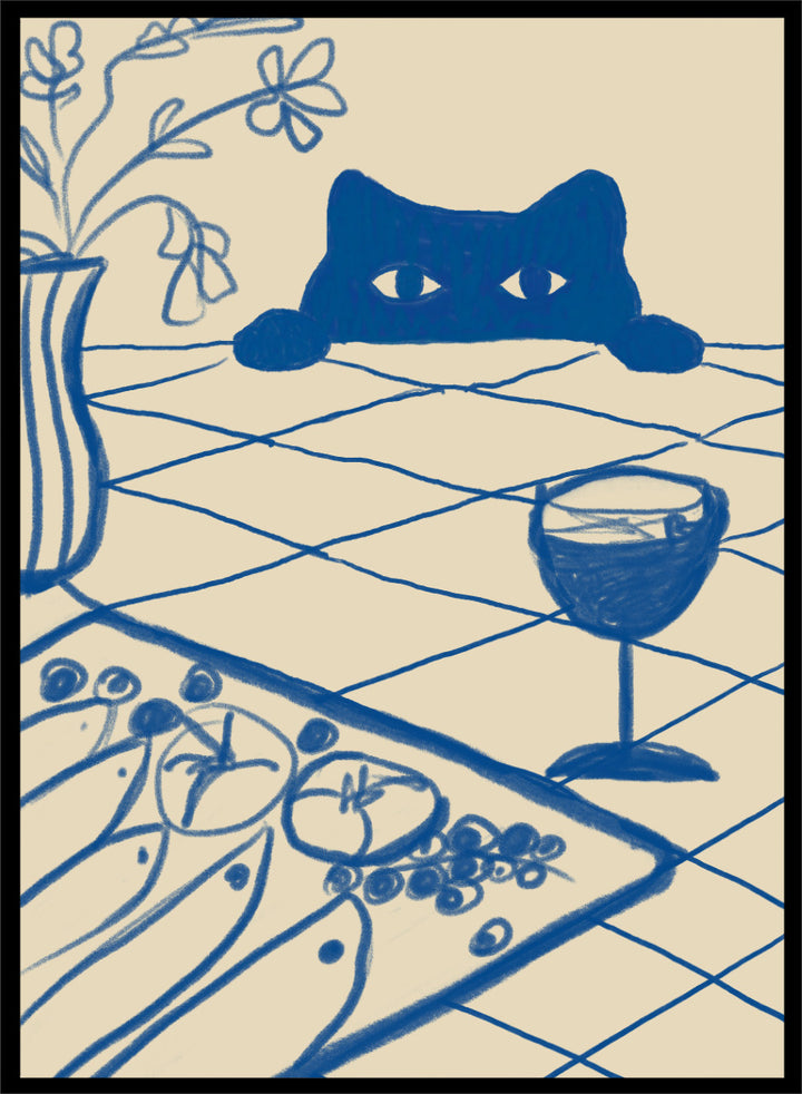 A stylized blue line-art illustration of a cat peeking over a table with a wine glass, flowers, and food, rendered in a cream background. Curious Blue Cat Dinner by The Art Concept is a playful cat art print featuring a peeking blue cat, table setting, flowers, and bold linework.