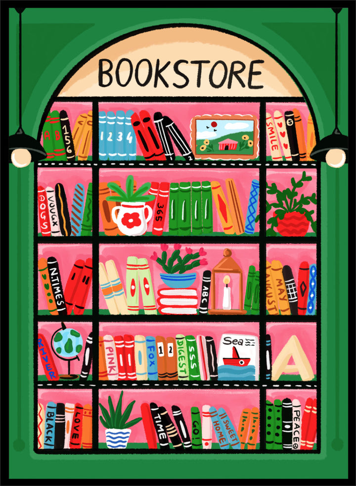 A colorful illustrated storefront sign for a bookstore, showing an arched window with shelves of books, plants, and small objects in bright pink, green, orange, blue, and yellow tones. Shop Charming Bookstore Shelf by Nidhi Kachhadiya, a colorful bookstore wall art print with bookshelves, plants, graphic shapes, and bold pink and green tones.
