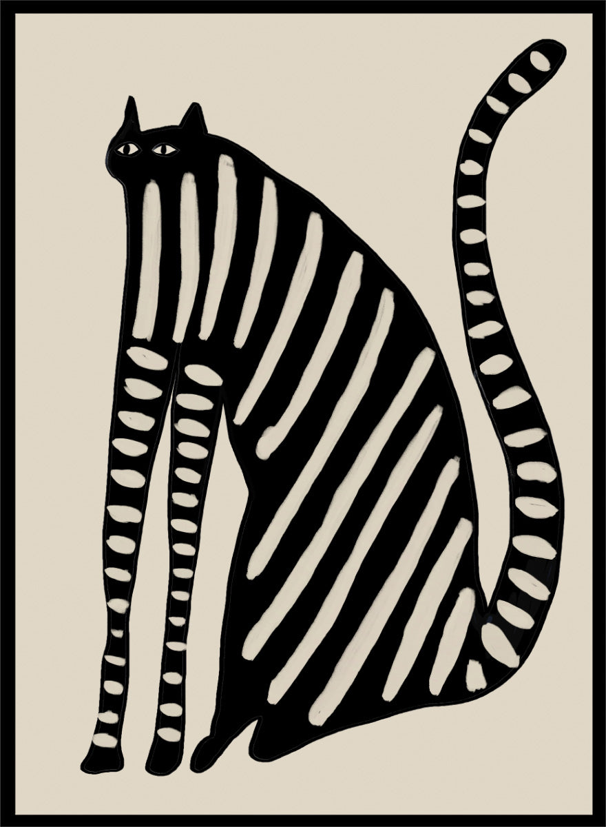 Striped Black Cat by The Art Concept playful cat art print featuring an elongated black cat with cream stripes, long legs, and an oversized curved tail.