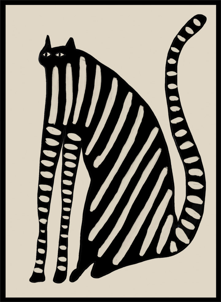Striped Black Cat by The Art Concept playful cat art print featuring an elongated black cat with cream stripes, long legs, and an oversized curved tail.