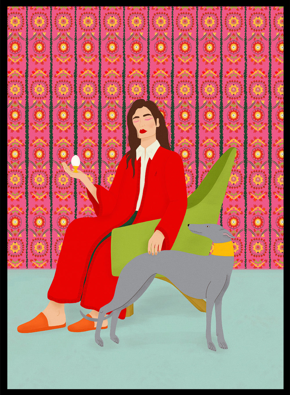 Woman in a red coat sitting on a green chair with a dog, against a pink patterned wall. Wonderful Egg by Jota de Jai is a whimsical modern art print of a woman in a red robe holding an egg with her greyhound, officially licensed wall poster with framing.