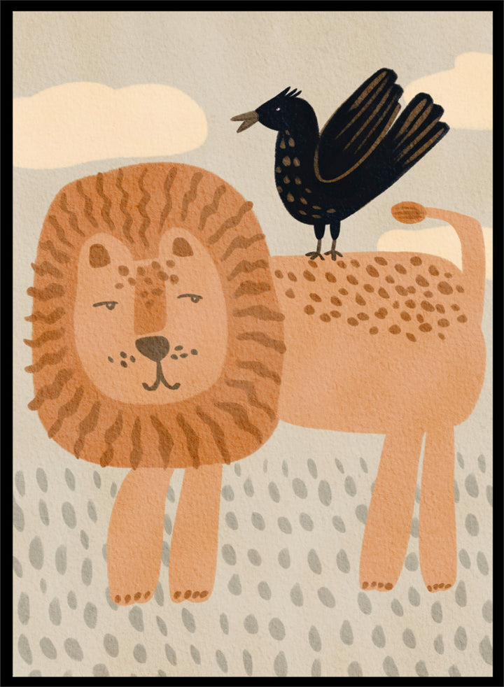 A stylized illustration of a lion and a crow on a cream background with clouds and dotted ground. The lion is tan and peach with brown stripes in its mane, and the crow is black with small gold spots. Shop Friendly Lion And Bird by Nikita Jariwala, a nursery wall art print poster with a lion, bird, animal illustration, and beige tones.
