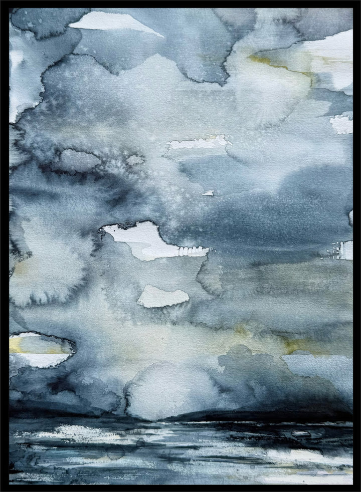 Shop Moody Sea Horizon by Helena Ryhle, a watercolor sea landscape wall art print poster with a blue-grey horizon and atmospheric coastal mood.