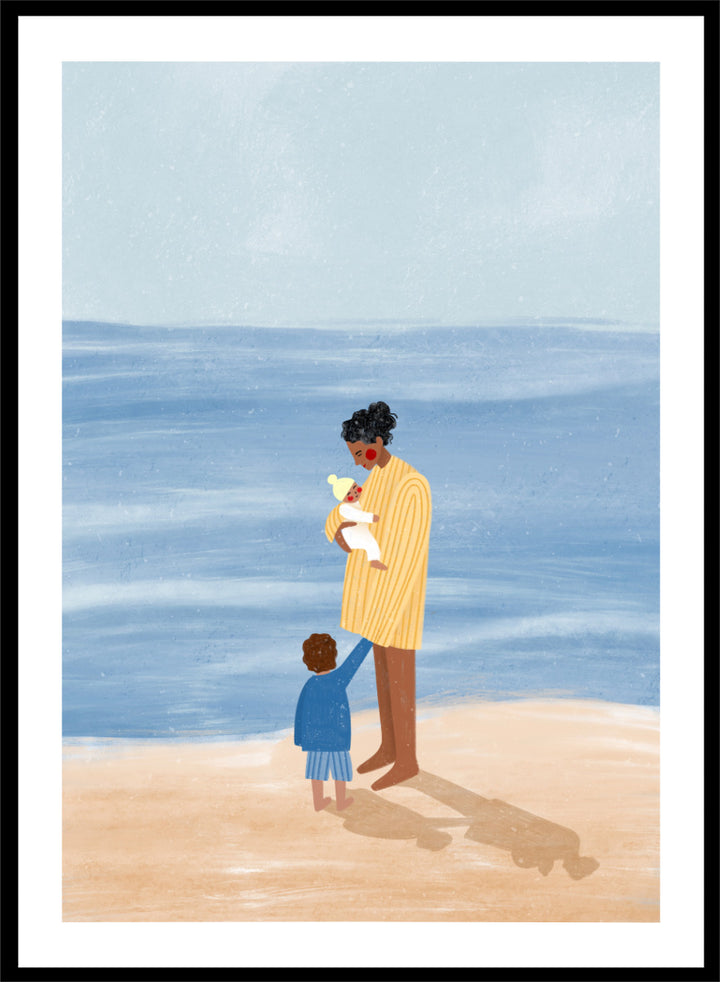 A framed art print featuring an illustration of a man in a yellow striped shirt holding a white dog on a beach next to a child in a blue coat, set against a light blue ocean and pale sky. Family Beach Day by Bea Müller art print featuring a mother with her baby and young child by the sea, created for warm family and coastal decor.