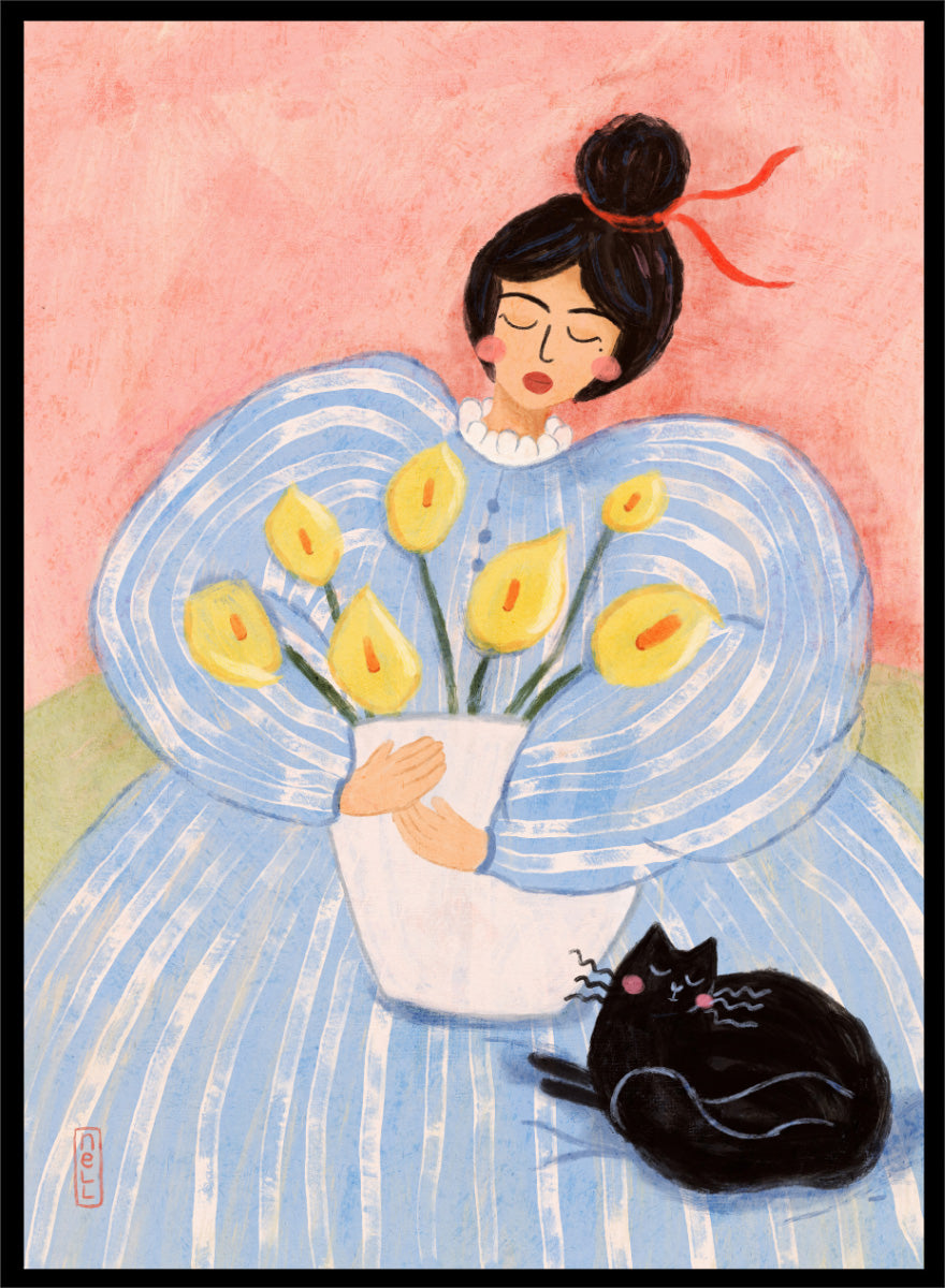 A stylized painting of a woman in a voluminous light blue dress holding a white vase with yellow flowers, with a black cat at her side against a pink background. Woman With Flowers And Cat by Dirkie Nell is a colorful portrait and floral art print featuring a woman, yellow flowers, blue dress, and black cat.