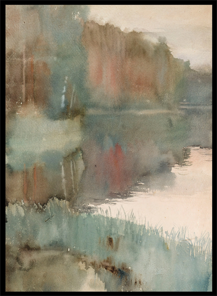 Shop Seashore at Haikko in Autumn by Albert Edelfelt, a vintage Finnish landscape wall art print poster featuring a misty autumn shoreline in green tones.