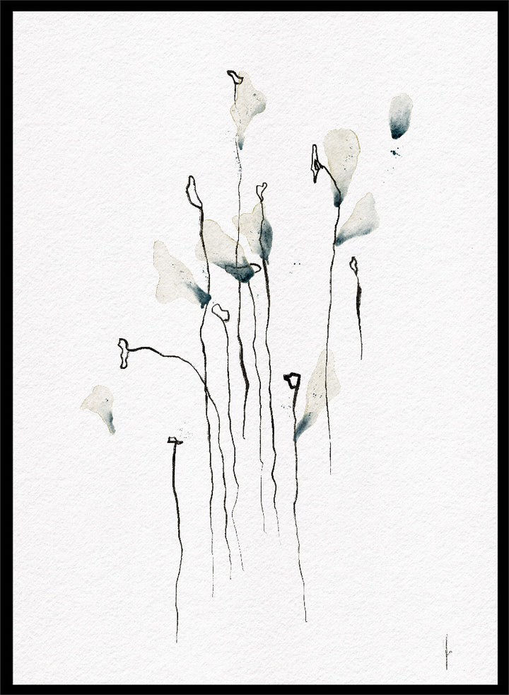 Minimalist watercolor floral art print featuring delicate calla lily-like stems and leaves in soft gray-green and black on textured white paper. Shop Delicate Abstract Flowers by Ankie Kooi, a modern floral wall art print poster with minimalist line art, abstract botanicals, soft blue, and green tones.