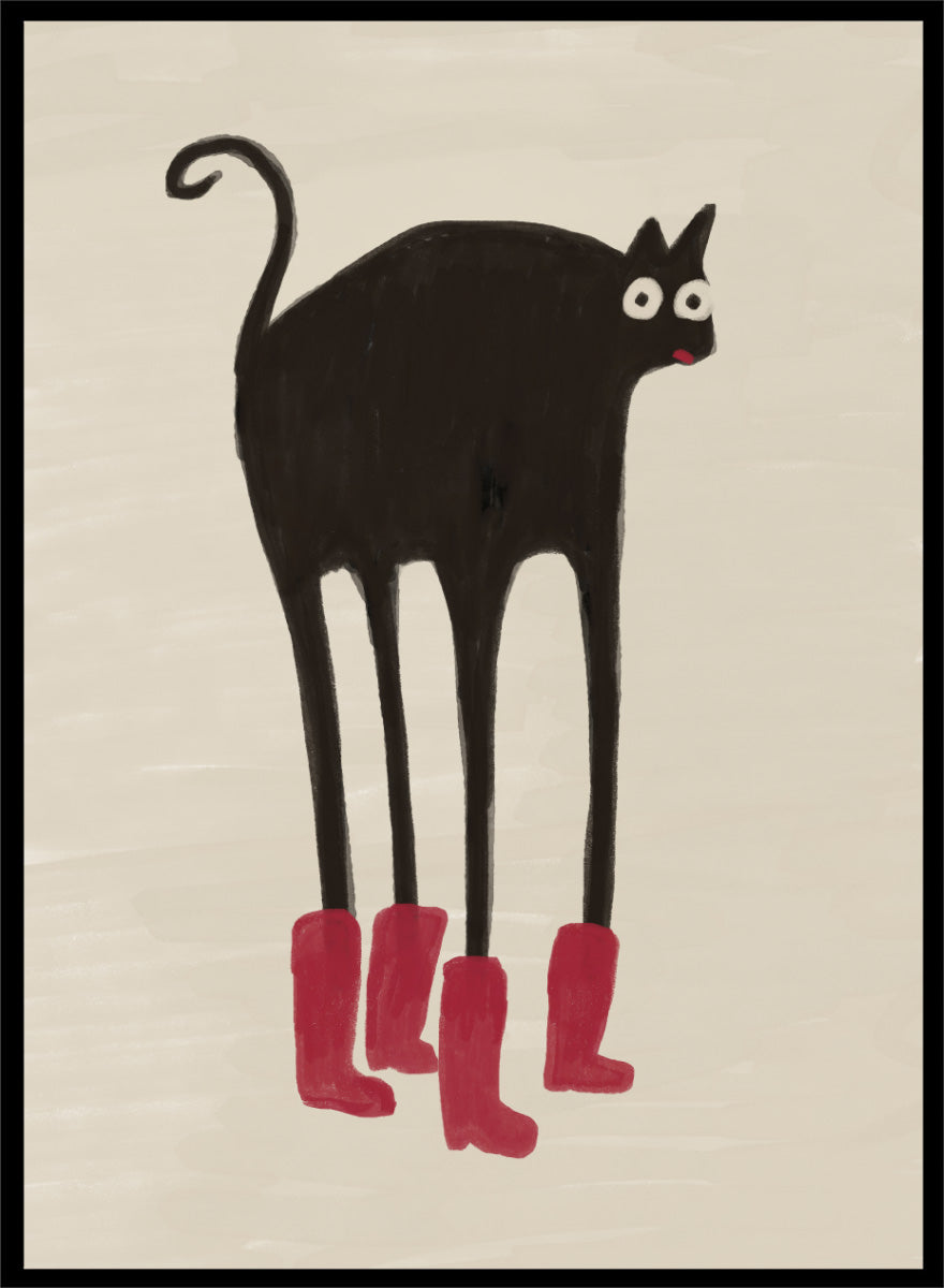 A stylized black cat with long legs wearing bright pink boots, centered on a warm beige background. Funny Black Cat Boots by The Art Concept playful cat art print featuring a long-legged black cat in red boots with a quirky hand-drawn look.