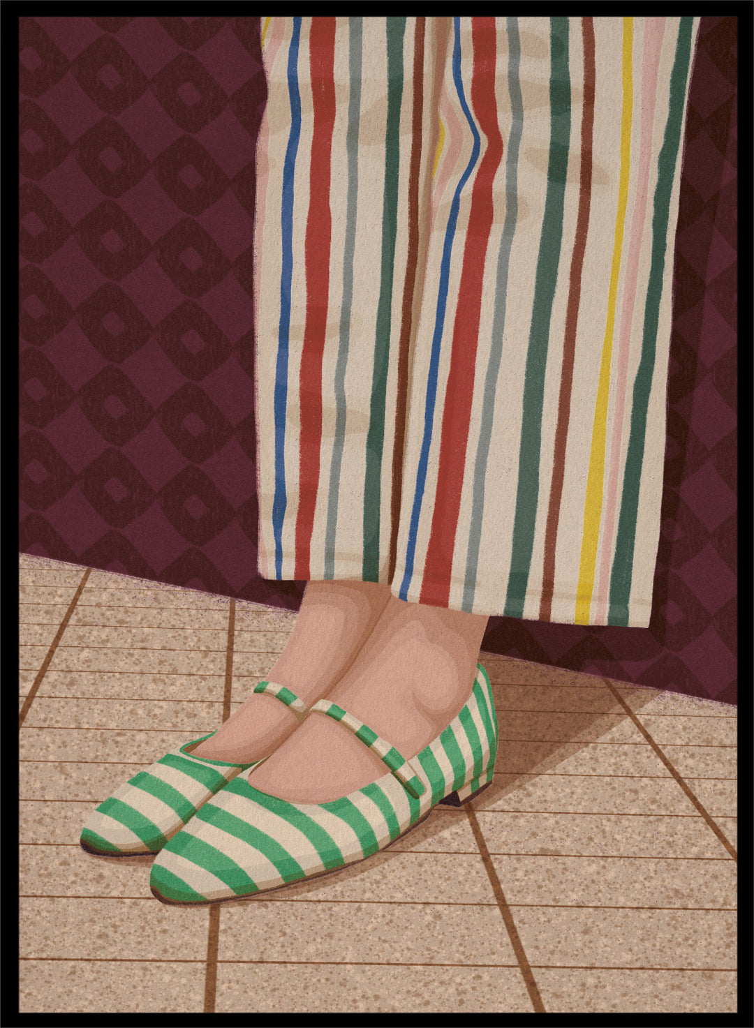 A close-up of a person's feet wearing green and white striped Mary Jane flats, paired with cream-colored striped trousers, standing on a tiled floor against a dark patterned wall. Colorful Striped Mary Janes by Lisa Solomoniuk premium framed fine art print featuring green striped shoes and colorful wide-leg trousers.