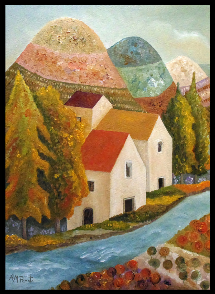 Shop Autumn Village River by Angeles M. Pomata, an autumn landscape art print featuring a blue river, white village houses, colorful trees, and rolling hills.
