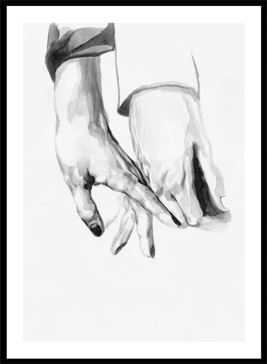 Shop Gentle Hands Connected by Sophia Novosel, a minimalist black and white wall art print poster featuring two hands touching in a soft, intimate gesture.