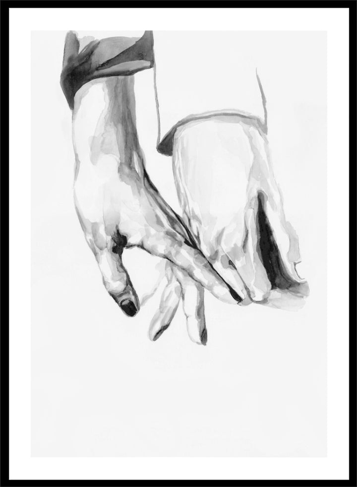 Shop Gentle Hands Connected by Sophia Novosel, a minimalist black and white wall art print poster featuring two hands touching in a soft, intimate gesture.