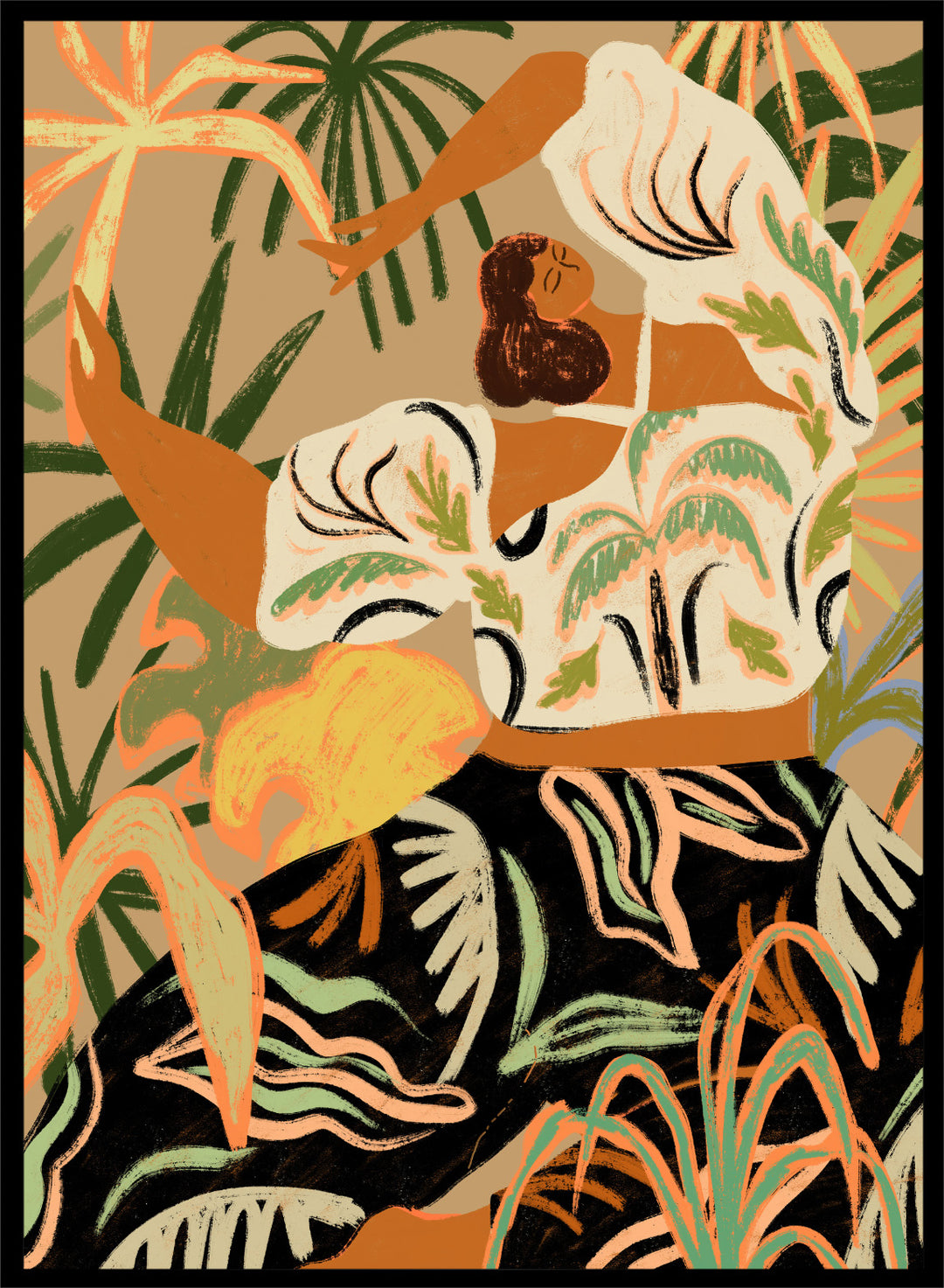 Artistic depiction of a woman in a floral dress with tropical plants in the background. Nature Embrace by Arty Guava art print featuring woman surrounded by tropical plants, flowing botanical illustration, and warm contemporary nature wall art poster.