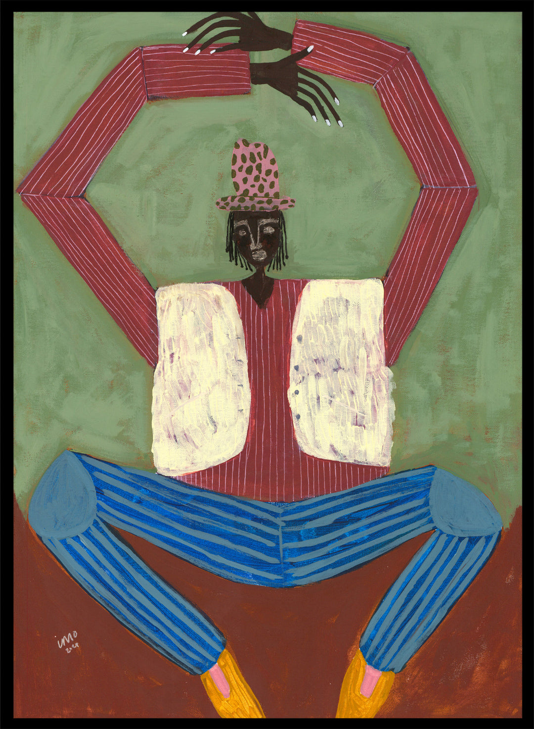 Artistic depiction of a figure with red shirt, blue pants, and yellow shoes on a green background. Open Up by Studio IMO (Ibi Meier-Oruitemeka) is a modern figurative art print featuring a seated figure with bold color and contemporary portrait poster design.