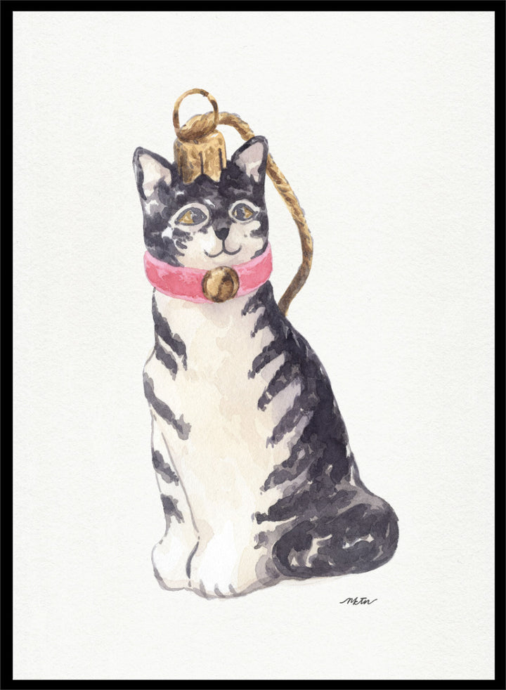 Shop Cute Tabby Ornament by NKTN, a festive cat wall art print poster featuring a gray tabby in a pink collar with a gold bell and Christmas ornament detail.