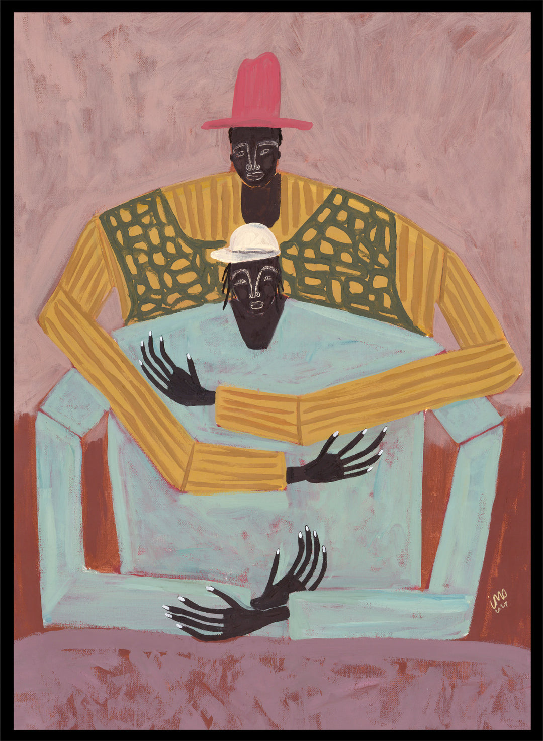 Artistic depiction of two figures sitting together with a pink background. The Hug by Studio IMO (Ibi Meier-Oruitemeka) is a modern figurative art print featuring two figures embracing in a bold contemporary wall poster design.