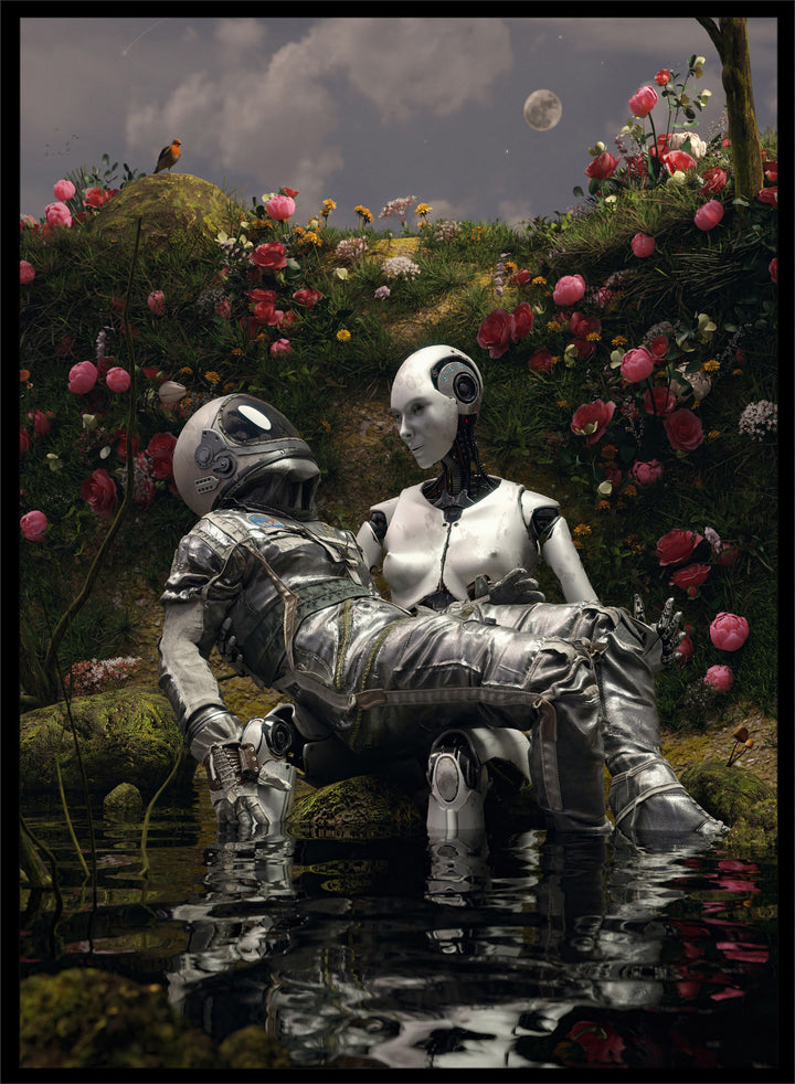Moonlit Robot Embrace by Nicebleed is a surreal astronaut and android art print with moonlight, water reflection, and floral landscape in modern sci-fi aesthetic.