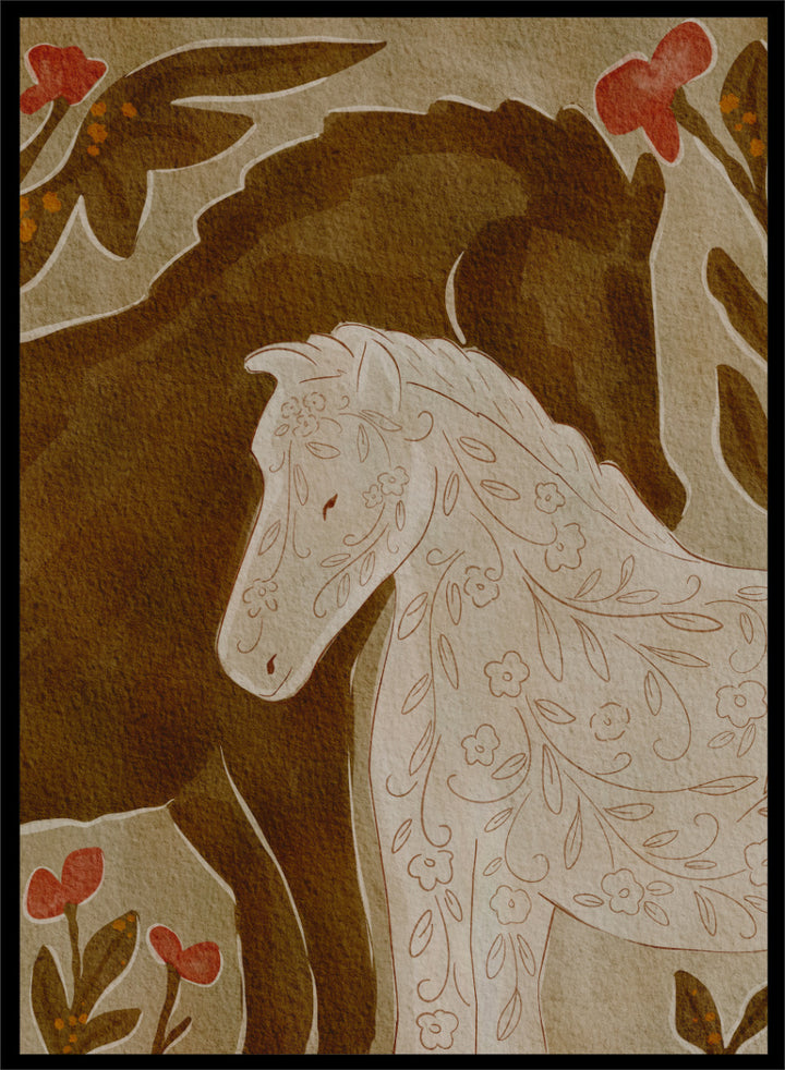Shop Gentle Floral Horses by Nikita Jariwala, a decorative horse wall art print featuring two horses, botanical pattern, folk-inspired detail, and warm earthy tones.
