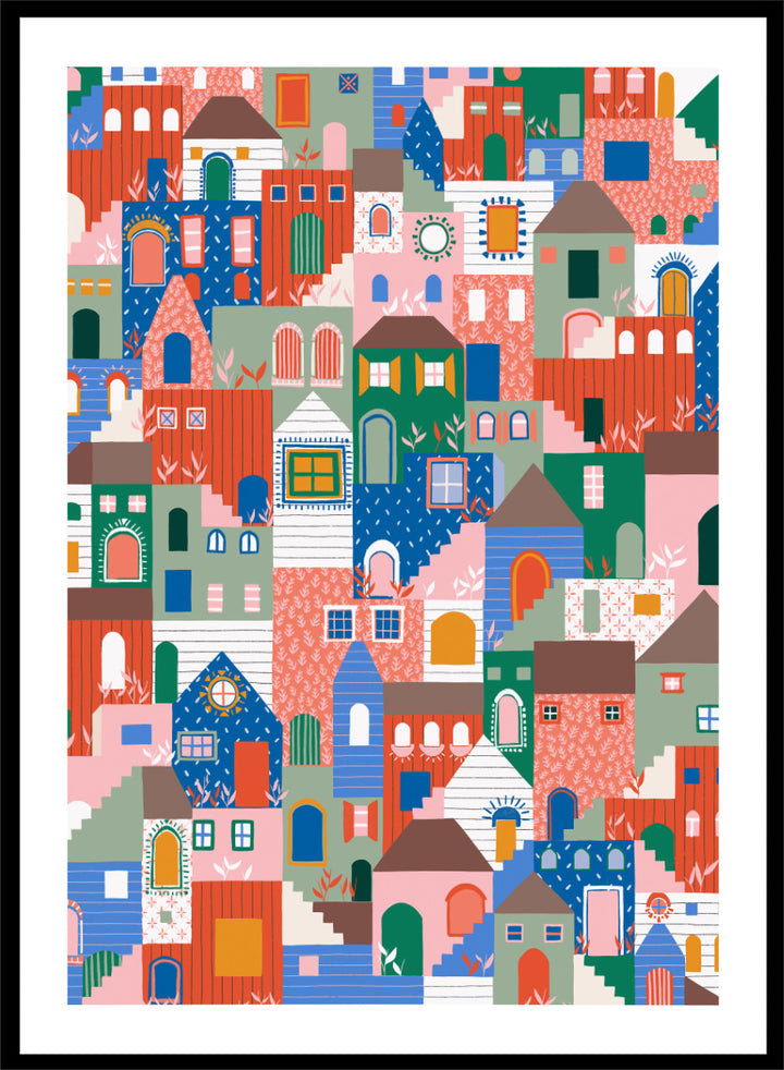 A colorful art print featuring a dense, stylized illustration of houses and buildings in a playful, patterned village scene. Whimsical Cityscape Charm by Ceyda Alasar city art print featuring stacked colorful houses, patterned walls, winding stairs, and playful architectural details.
