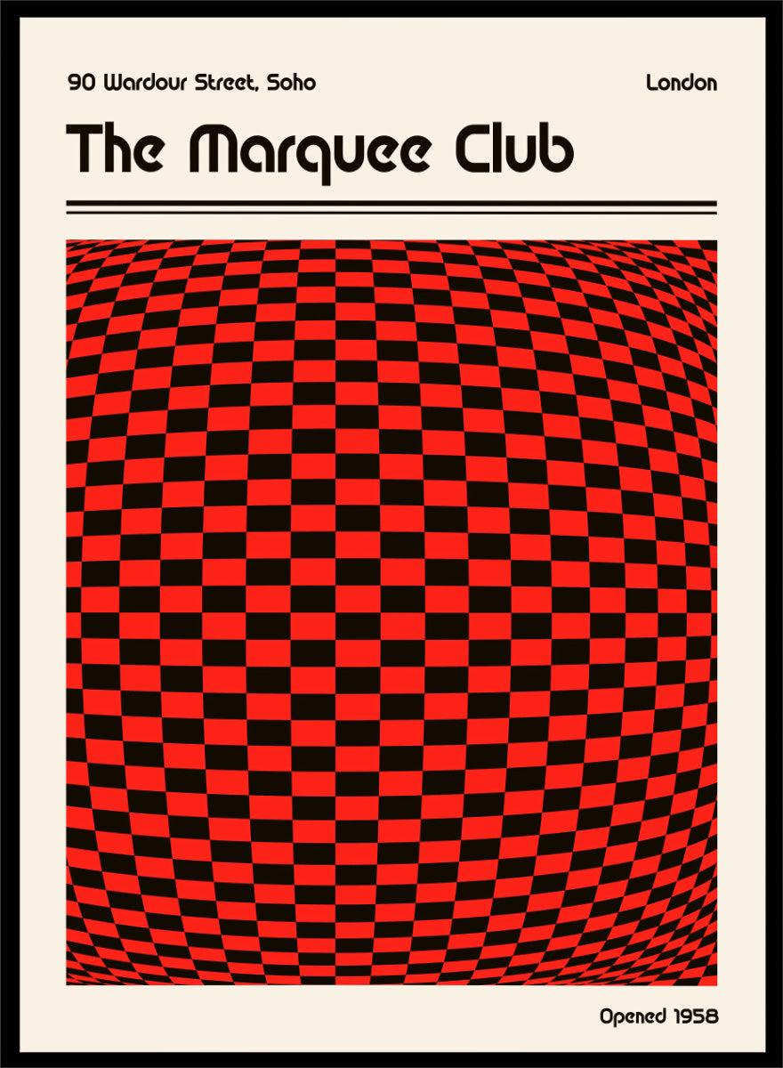 A poster-style graphic for The Marquee Club with a large red-and-black checkered optical illusion panel, black text reading &