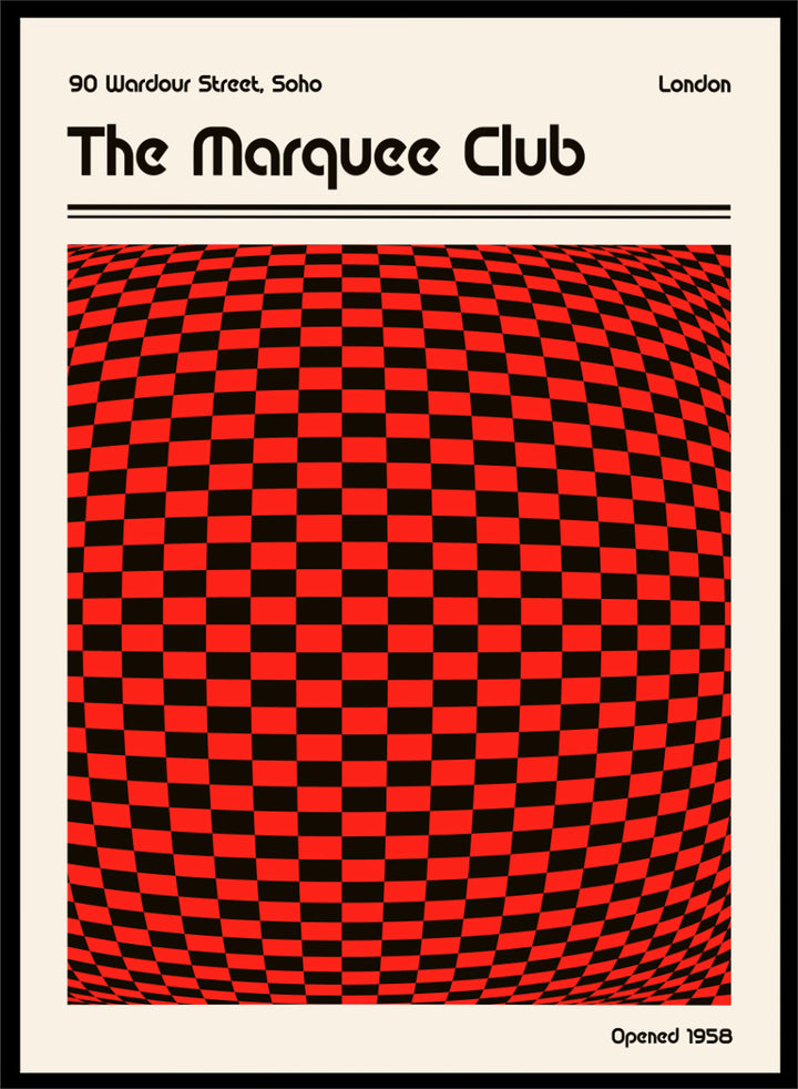 A poster-style graphic for The Marquee Club with a large red-and-black checkered optical illusion panel, black text reading &