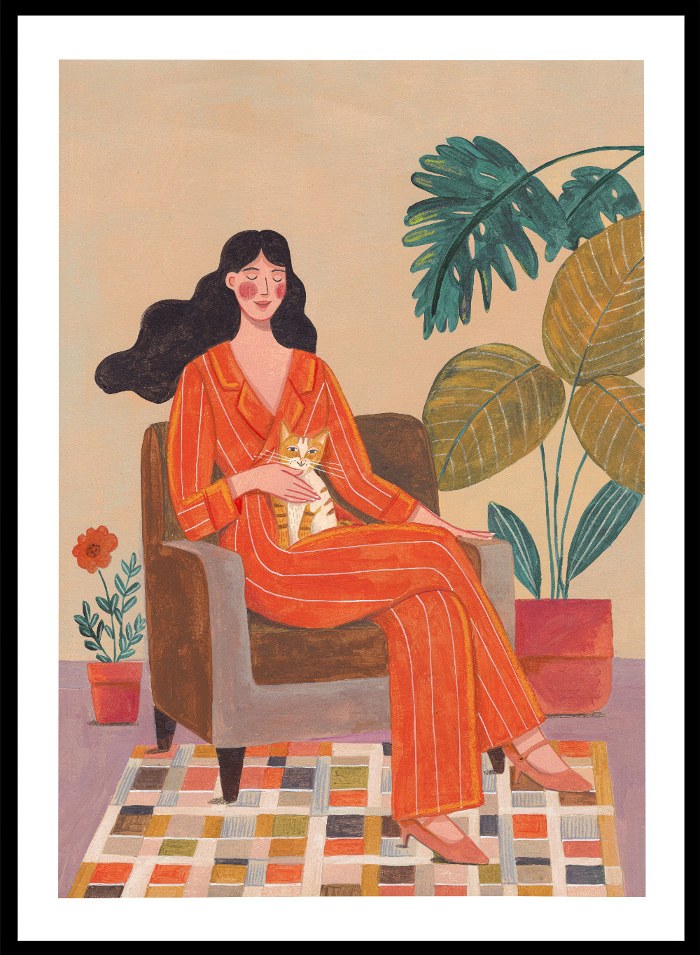 Illustration of a woman in an orange outfit sitting in a chair with plants around her. Cozy Home with Cat by Caroline Bonne Müller is a fine art print and wall poster featuring a woman in an orange outfit sitting with a cat in a warm, plant-filled interior.