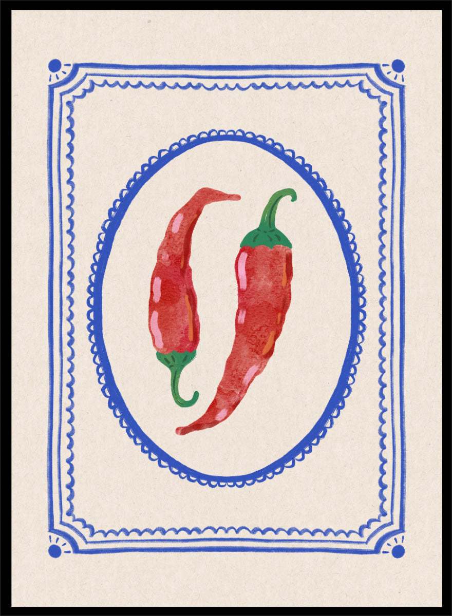 Spicy Chili Peppers by Katarzyna Gąsiorowska kitchen art print featuring red chilies in an ornate cobalt frame with vintage Mediterranean style.