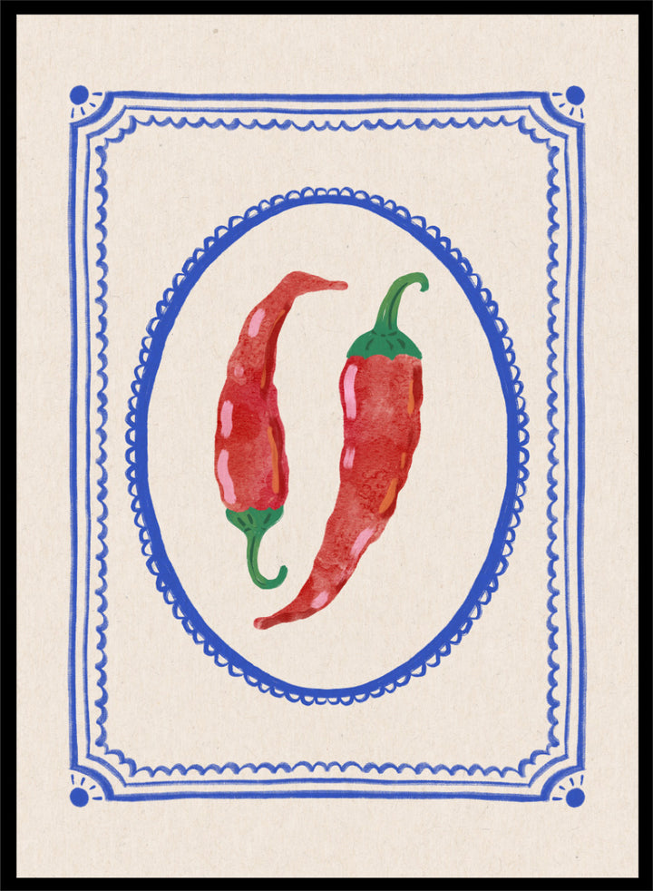 Spicy Chili Peppers by Katarzyna Gąsiorowska kitchen art print featuring red chilies in an ornate cobalt frame with vintage Mediterranean style.