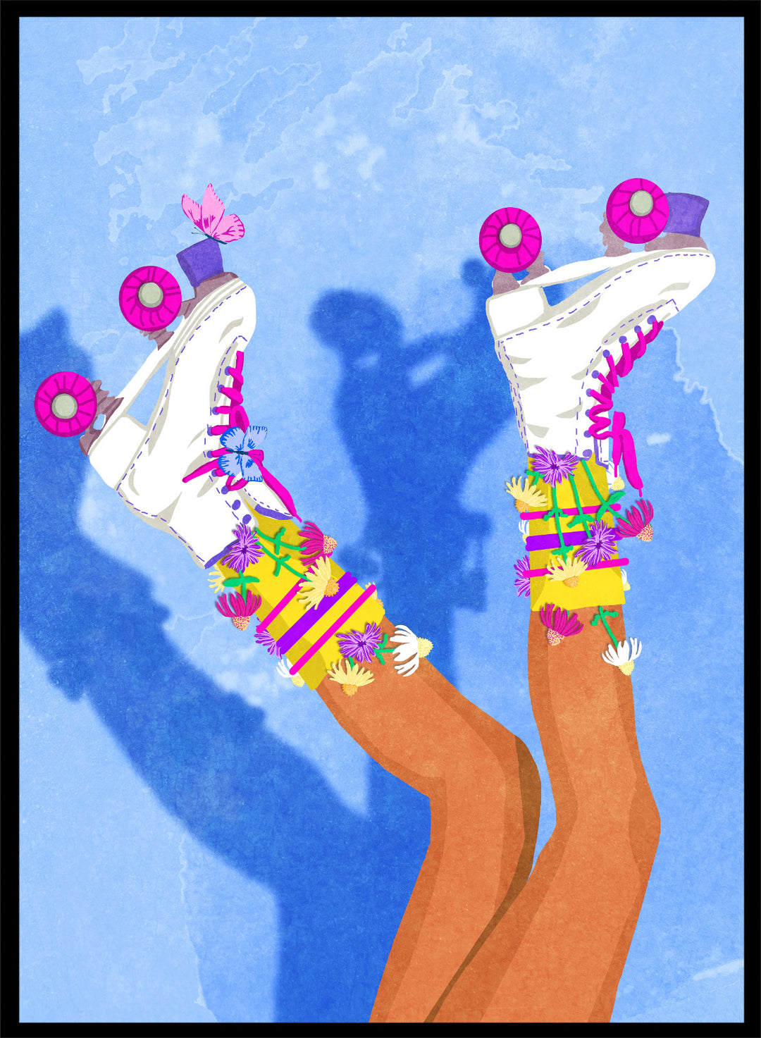 Colorful roller skates with pink and purple wheels on a blue background. Skate Like a Girl by Raissa Oltmanns fine art print featuring colorful roller skate illustration, bold feminine wall decor, modern contemporary poster design.