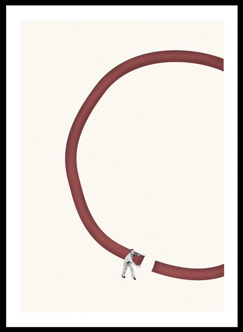 Let’s Reconnect by Maarten Léon is a minimalist collage art print showing a man repairing a broken graphic circle. Premium fine art print with real wood framing.