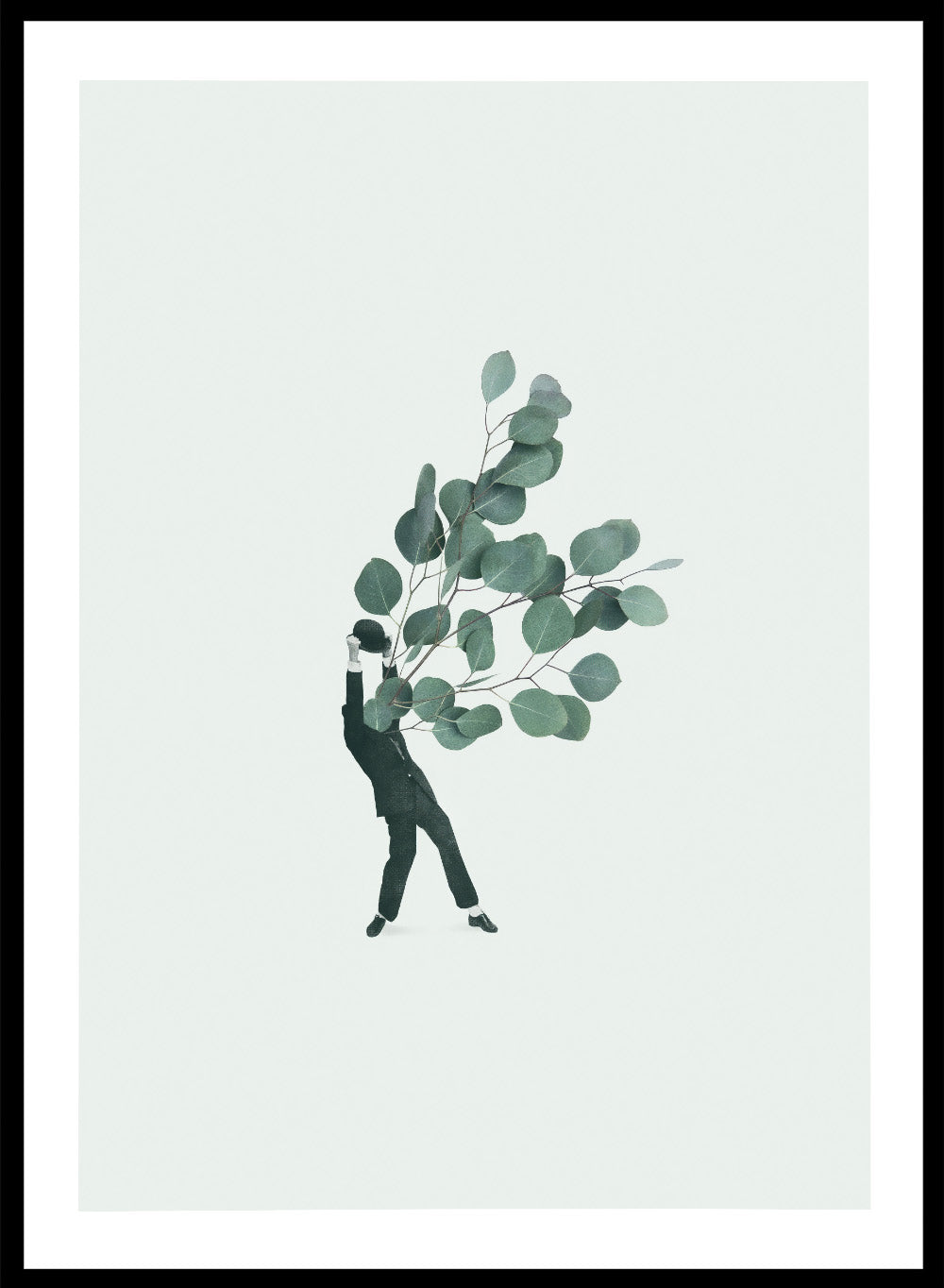 The Extravert by Maarten Léon collage art print showing a figure holding oversized eucalyptus branches. Premium fine art print with real wood framing.