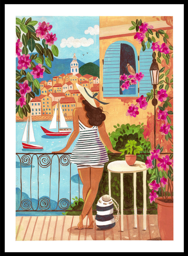 Woman on a balcony overlooking a coastal town with boats and flowers. Woman Balcony Coastal View by Caroline Bonne Müller is a fine art print and wall poster of a woman overlooking a coastal town with boats in a modern aesthetic style.