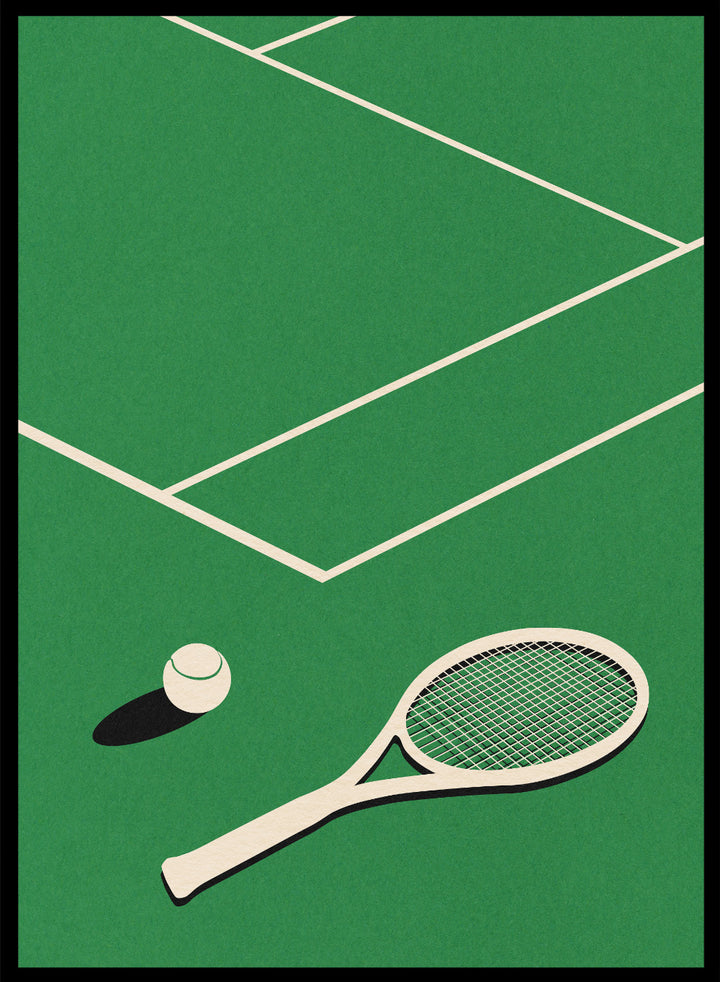 Tennis racket and ball on a green court with white lines. Lawn Tennis Club by Rosi Feist is a minimalist tennis court art print with modern Bauhaus design. Officially licensed fine art poster with framing.