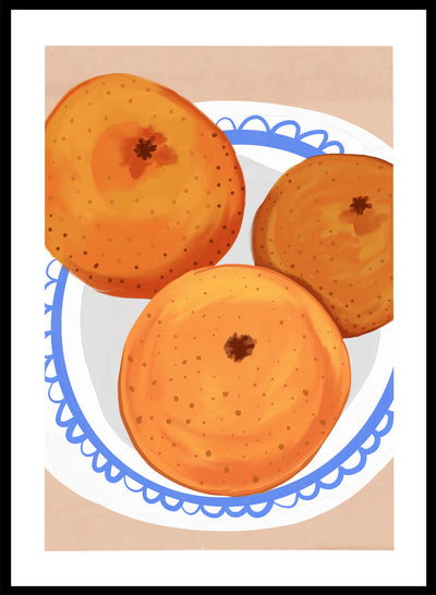 Oranges Scalloped Blue Plate Wall Art Print | Hand Drawn Fruit Illustration, Contemporary Kitchen Still Life, Modern Aesthetic Poster 