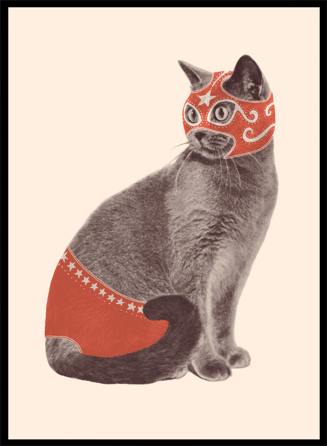 Cat wearing a red mask and underwear on a beige background. Funny Luchador Cat by Florent Bodart is a playful cat art print with bold red mask, a modern wall poster with humorous and surreal animal design.