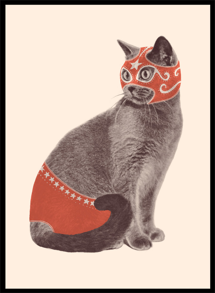 Cat wearing a red mask and underwear on a beige background. Funny Luchador Cat by Florent Bodart is a playful cat art print with bold red mask, a modern wall poster with humorous and surreal animal design.